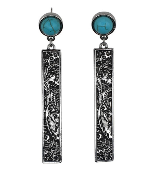 JUSTIN DROP DANGLE TOOLED VERTICAL BAR W/ FAUX TURQUIOSE STONE EARRINGS