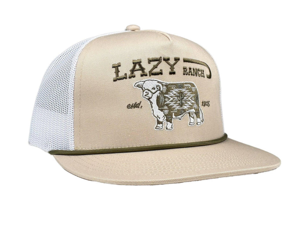 LAZY J RANCHWEAR TAN & WHITE ALPINE CLASSIC ROPE TRUCKER HAT