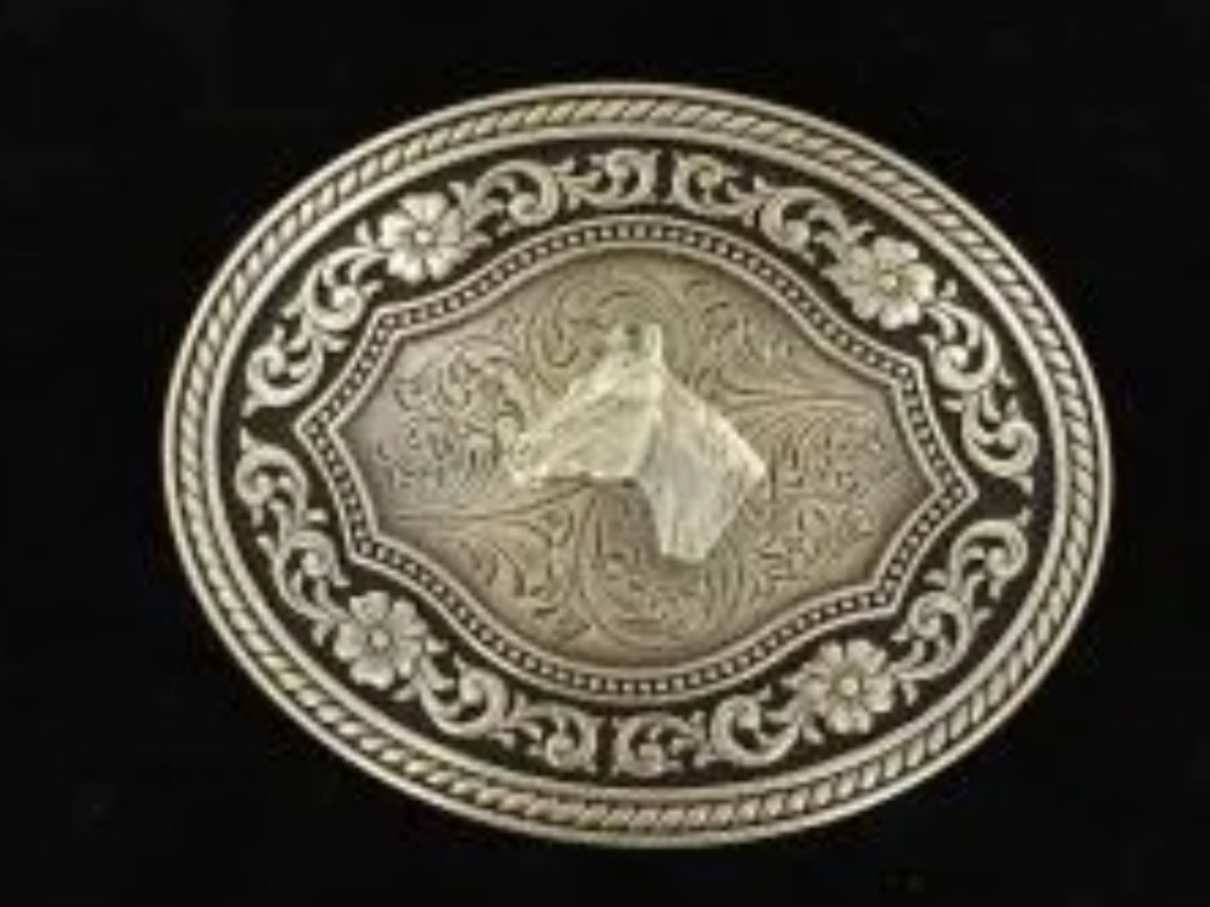 OVAL ROPE EDGE BUCKLE WITH SCROLL HORSEHEAD MOTIF