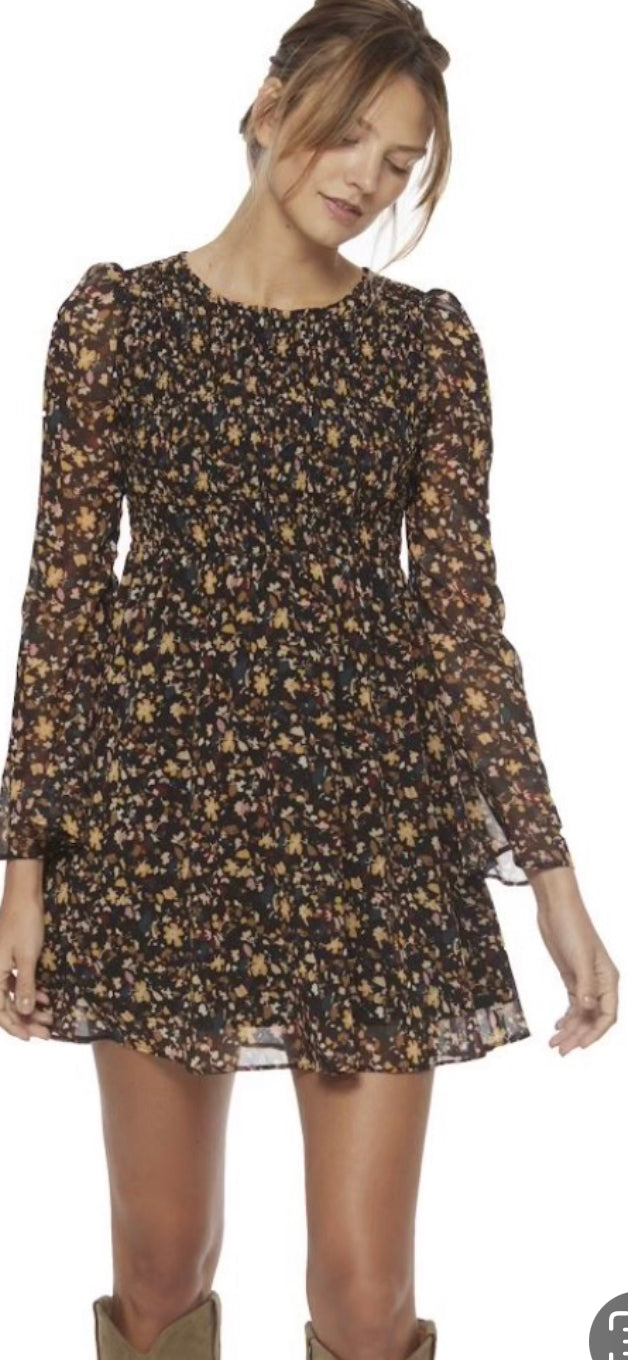 FLAG AND ANTHEM ELLAMORE LONG SLEEVE SMOCKED BODICE FLORAL MINI DRESS