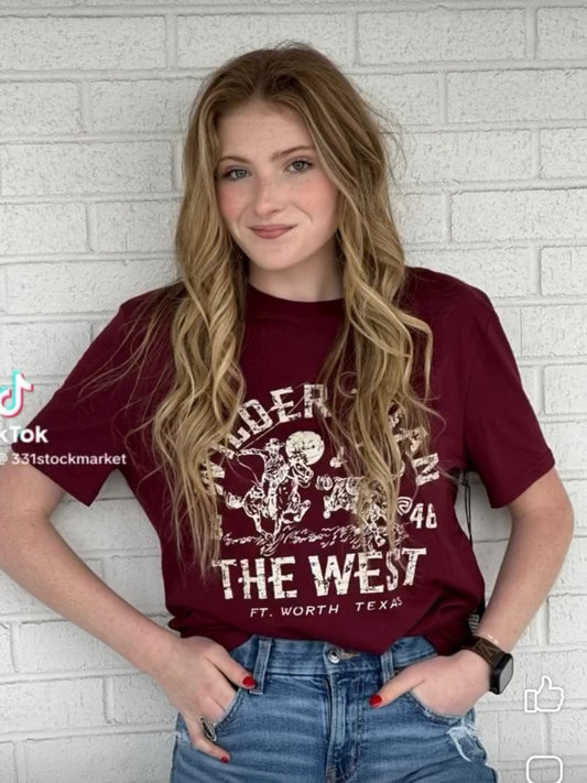 ROCK AND ROLL DENIM GRAPHIC TEE IN BURGUNDY UNISEX