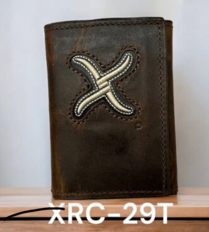 TWISTED X TRIFOLD DISTRESSED BROWN WALLET WITH WHITE X EMBROIDERED