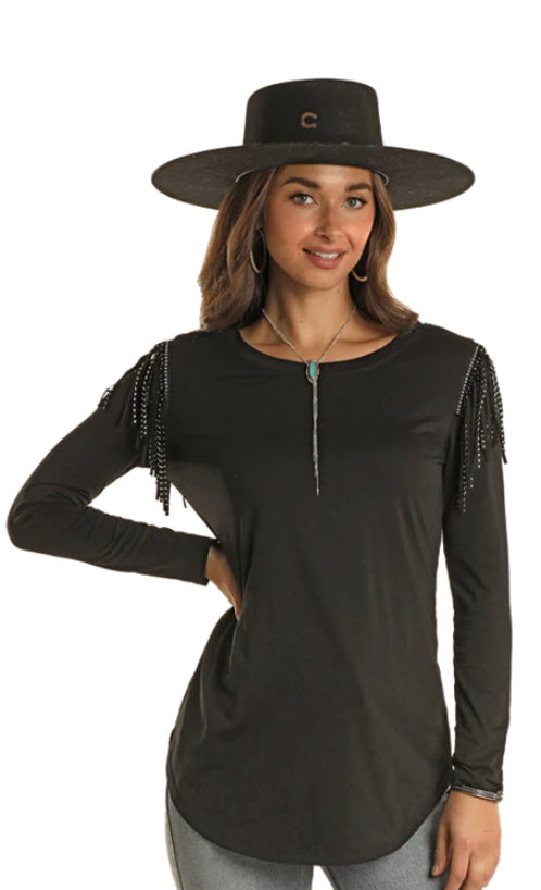 ROCK&ROLL DENIM STUDDED TRIM LONG SLEEVE TOP