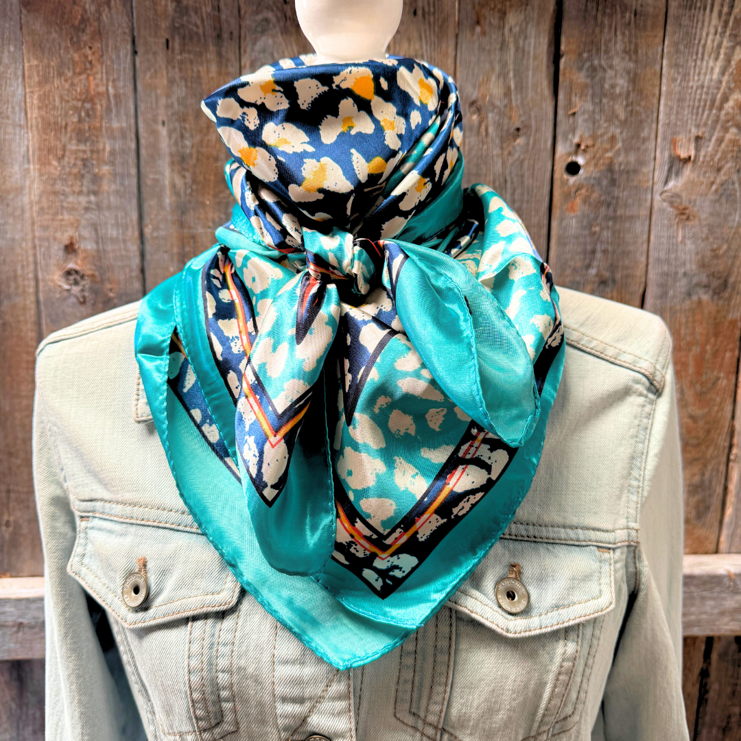 Rodeo Drive - 35X35" Blue and Aqua Flower and Spots Pattern Wild Rag / Scarf WR1038