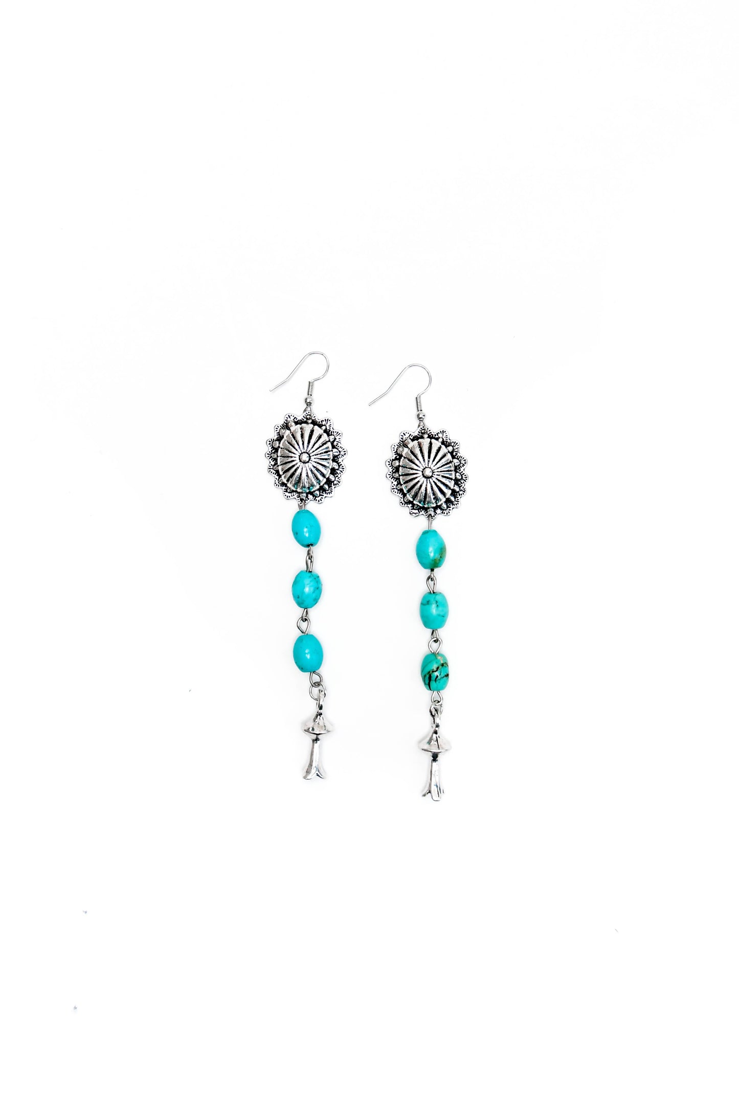 West & Co. - 4.5" Turquoise Drop Earring With Silver Concho and Blossom on Fishhook