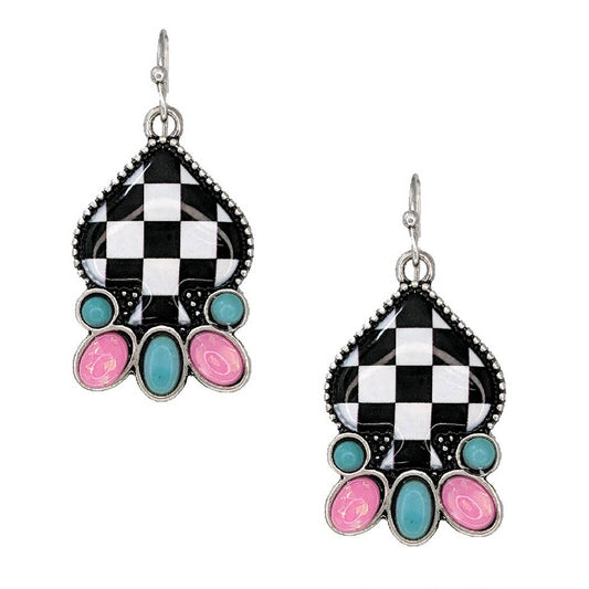 Fashion City - Checkered Pattern Spade Shape Hook Earrings: SBBK / ONE SIZE