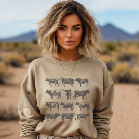 Amy Anne Apparel Inc - Vintage Cow Bull Crew Neck Sweatshirt: Sand