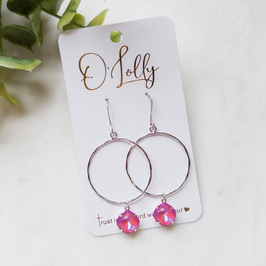 O’Lolly Jewelry - Silver Hoop w/Pink Stone Earrings- Valentine Style 7
