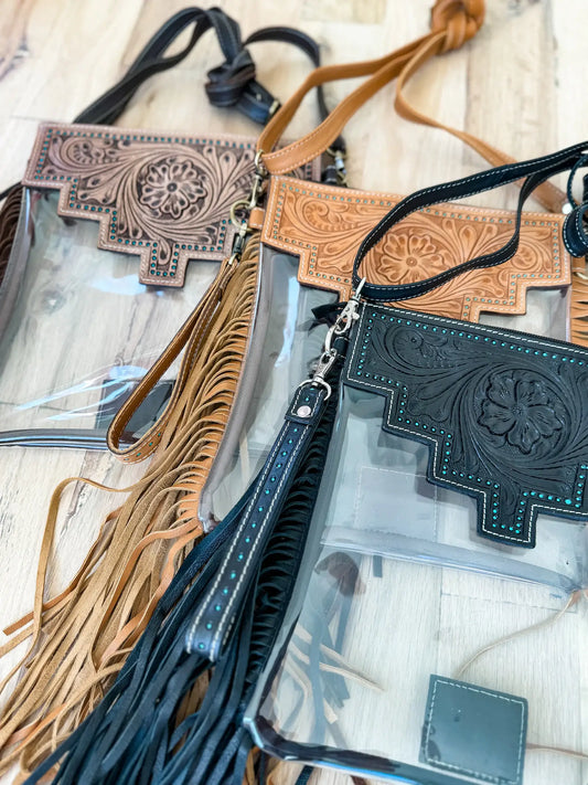 Boho Ranch Shop - SHAYNE LARGE - Hand Tooled Clear Crossbody Concert bag: Brown