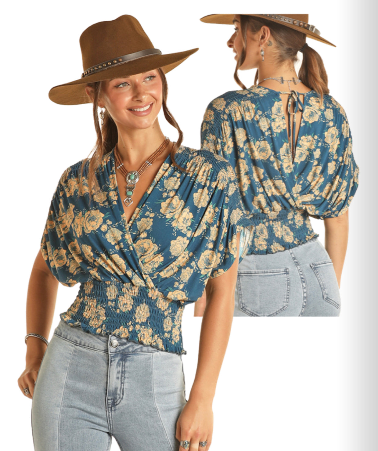 ROCK&ROLL DENIM SMOCKED FLORAL TOP IN NAVY