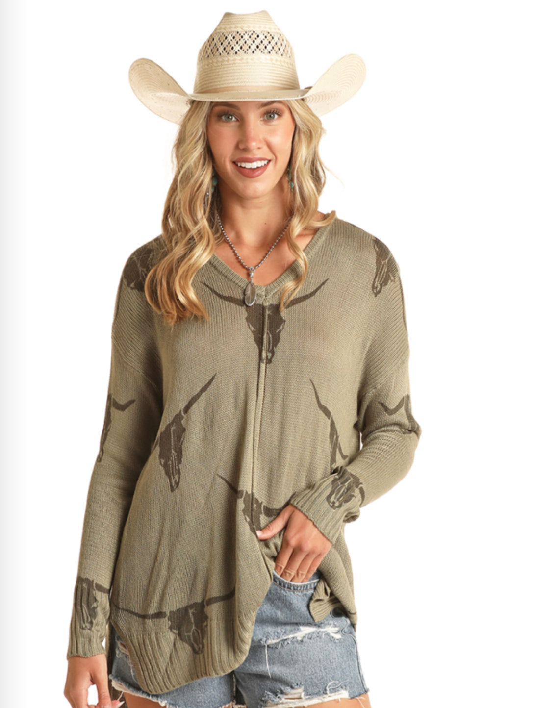 ROCK&ROLL DENIM SWEATER WITH LONGHORN DESIGN