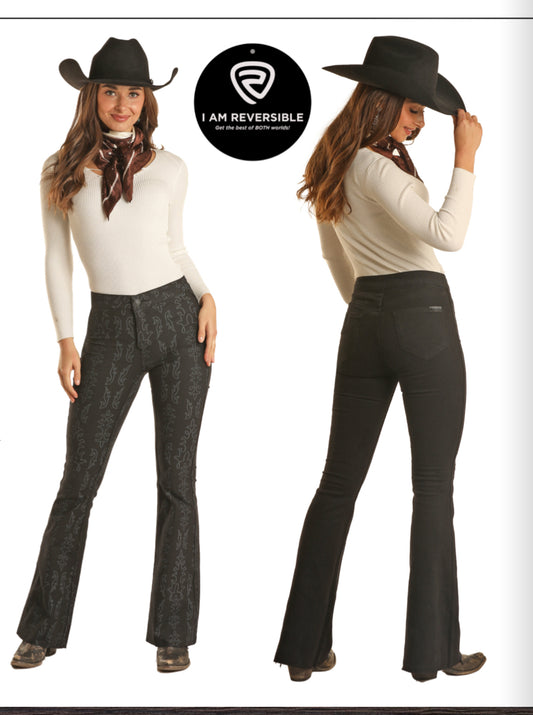 ROCK&ROLL DENIM BOOT STITCH REVERSIBLE BUTTON FLARE IN BLACK