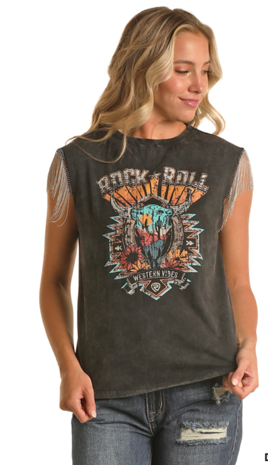 ROCK&ROLL DENIM CHAIN FRINGE GRAPHIC TANK