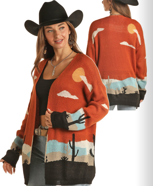 ROCK&ROLL DENIM SCENERY PRINT KNIT CARDIGAN