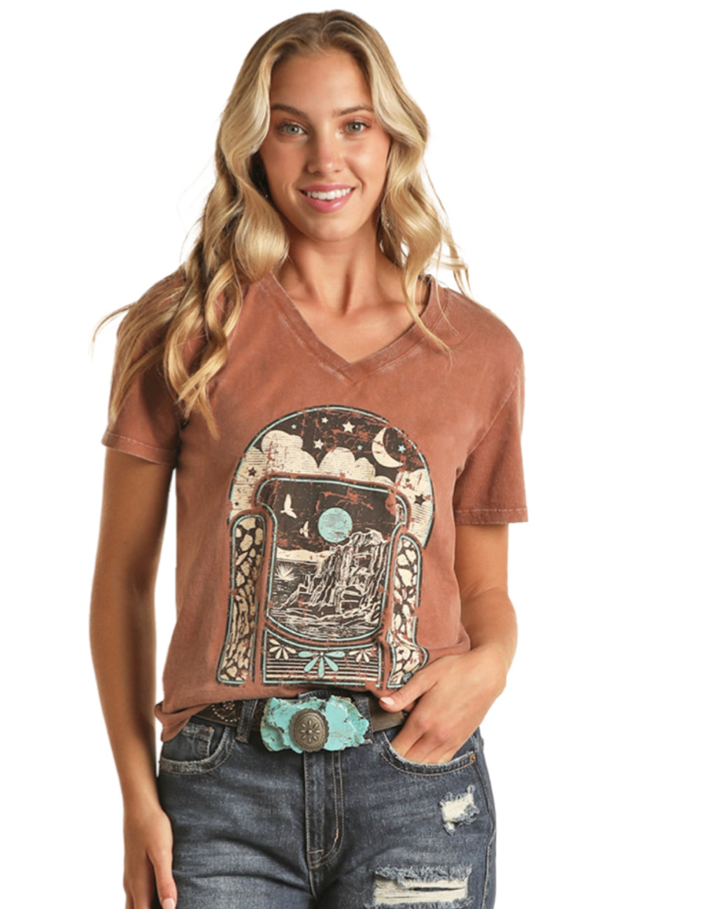 ROCK&ROLL DENIM GRAPHIC TSHIRT IN BROWN