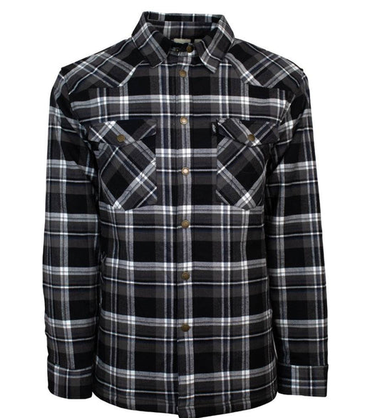 HOOEY MENS FLANNEL JACKET, BLACK/PLAID PATTERN CREAM SHERPA LINING