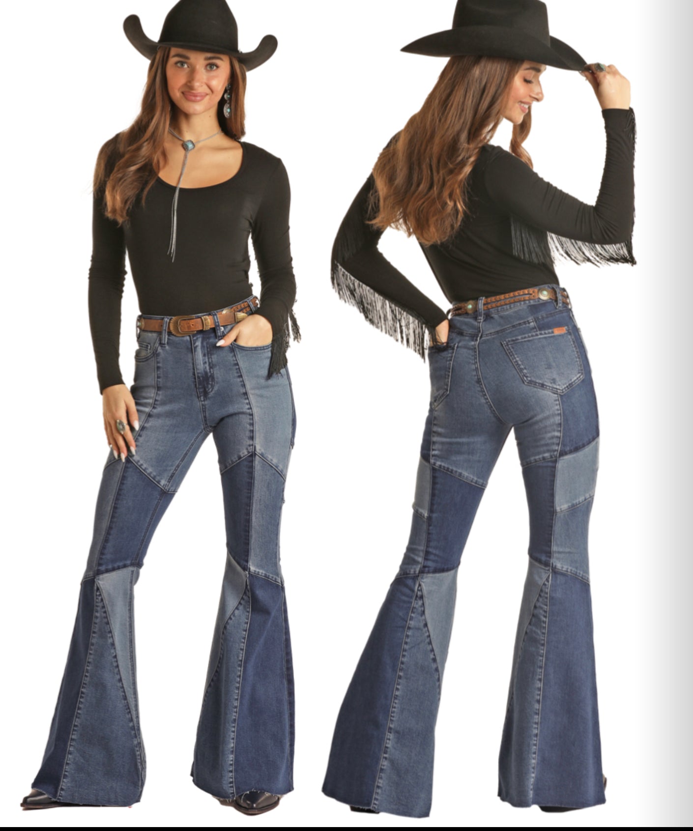 ROCK&ROLL DENIM WOMENS PATCH DENIM BELL BOTTOM IN MEDIUM WASH
