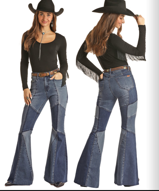 ROCK&ROLL DENIM WOMENS PATCH DENIM BELL BOTTOM IN MEDIUM WASH