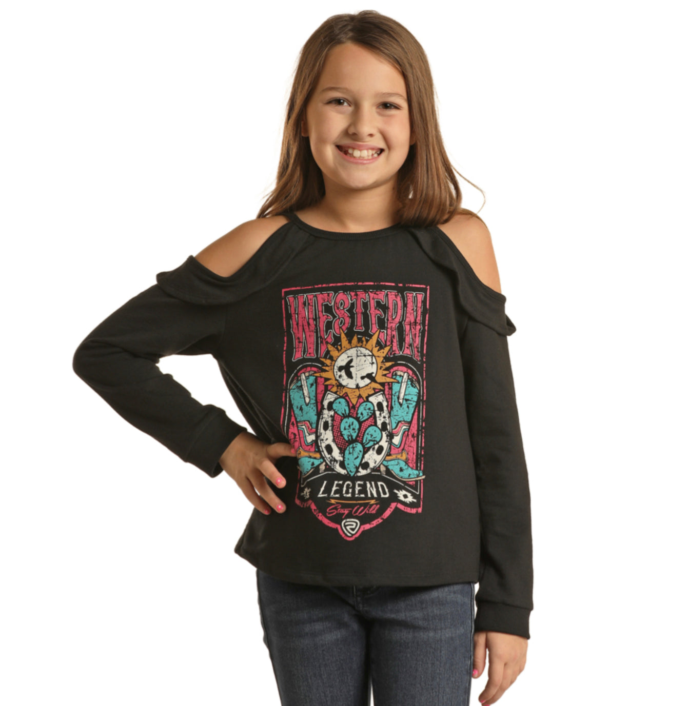 ROCK&ROLL DENIM GIRLS GRAPHIC COLD SHOULDER PULLOVER