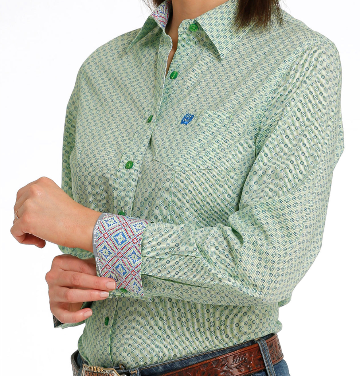 CINCH WOMENS LONG SLEEVE LIME GREEN PRINT SHIRT