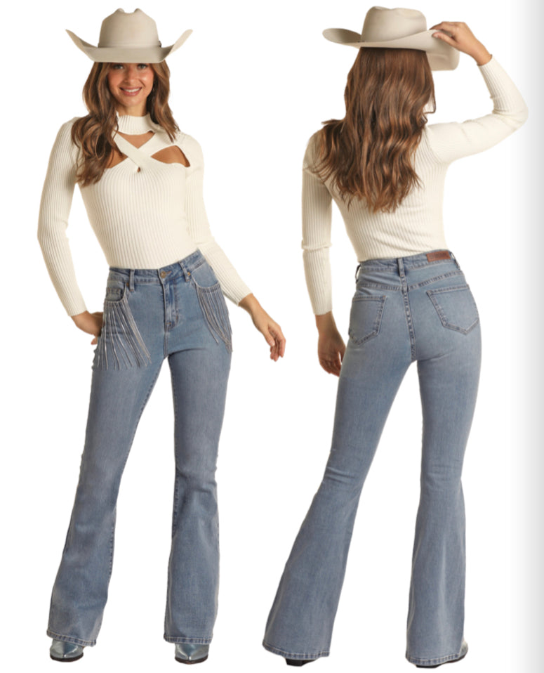 ROCK&ROLL DENIM POCKET FRINGE HIGH RISE FLARE
