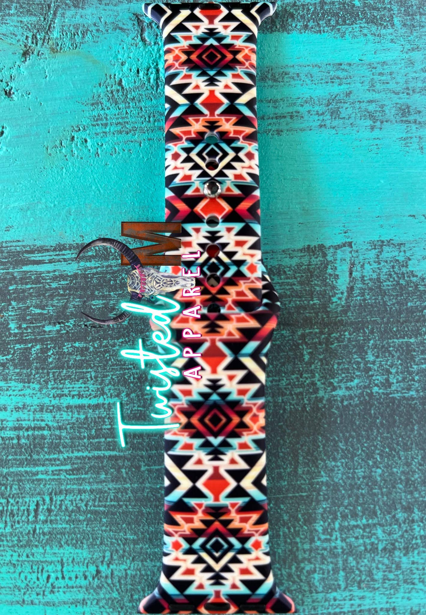 Twisted M, LLC - Watch Band 10-Black Rust Turquoise Aztec