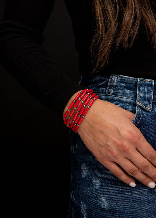 West & Co. - 5 Strand Red TubeBead and Faux Navajo Pearl Stretch Bracelet