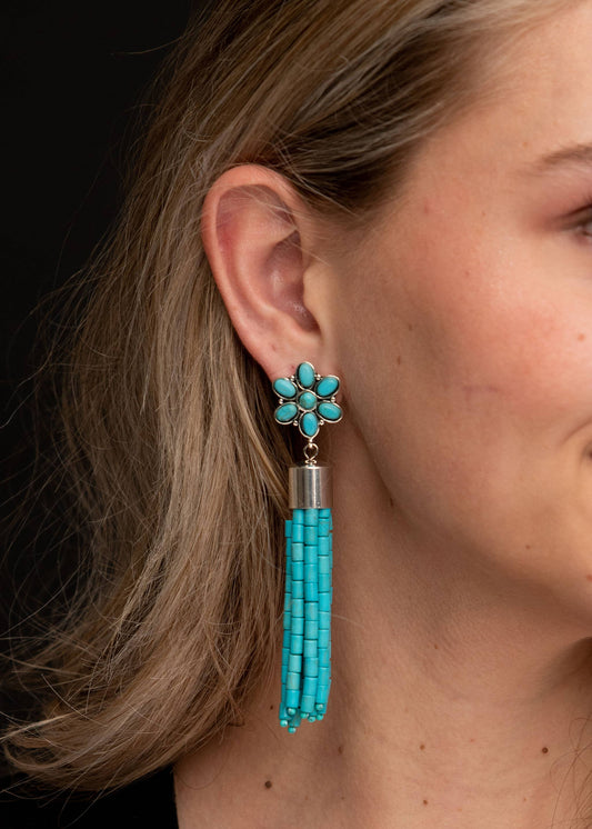 West & Co. - 3.5" Turquoise Tassel Earrings on Turquoise Flower Post