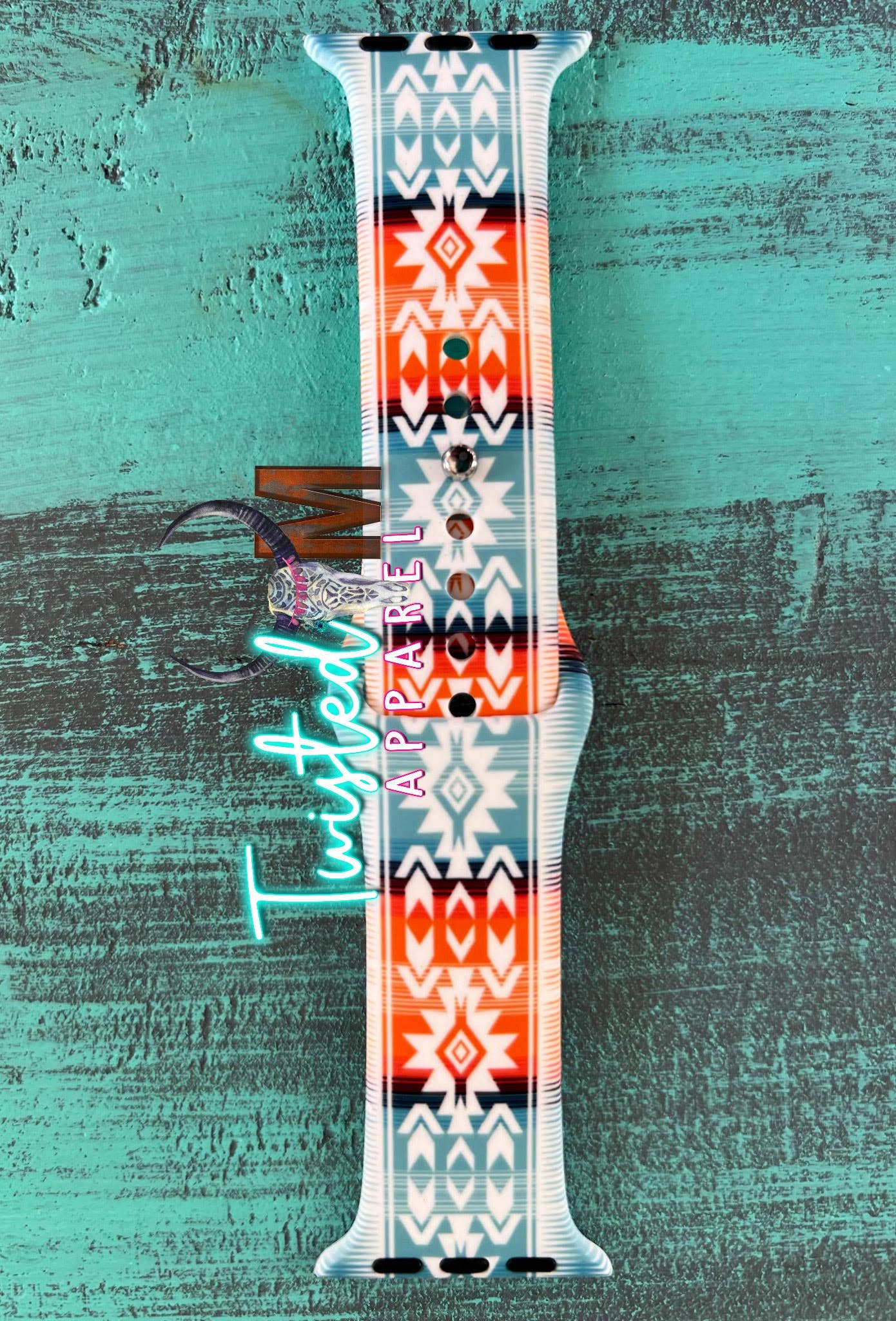 Twisted M, LLC - Watch Band 12-Turquoise, Orange & White Aztec