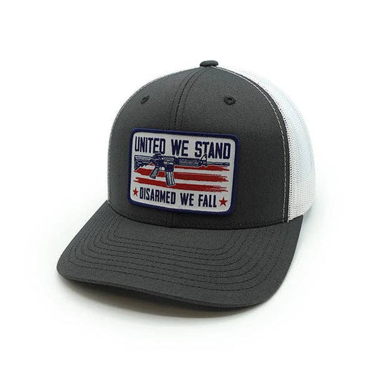 Shield Republic LLC - United We Stand Disarmed We Fall Woven Patch Hat: Curved Bill Snapback / Charcoal and White