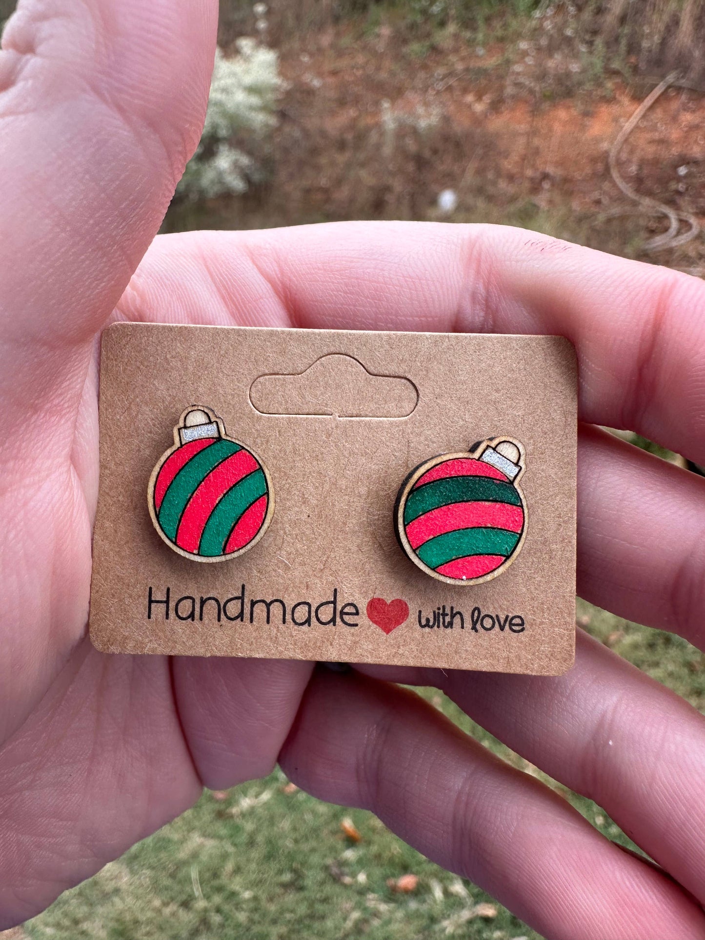 Hand Painted Christmas Ornament Wood Stud Earrings