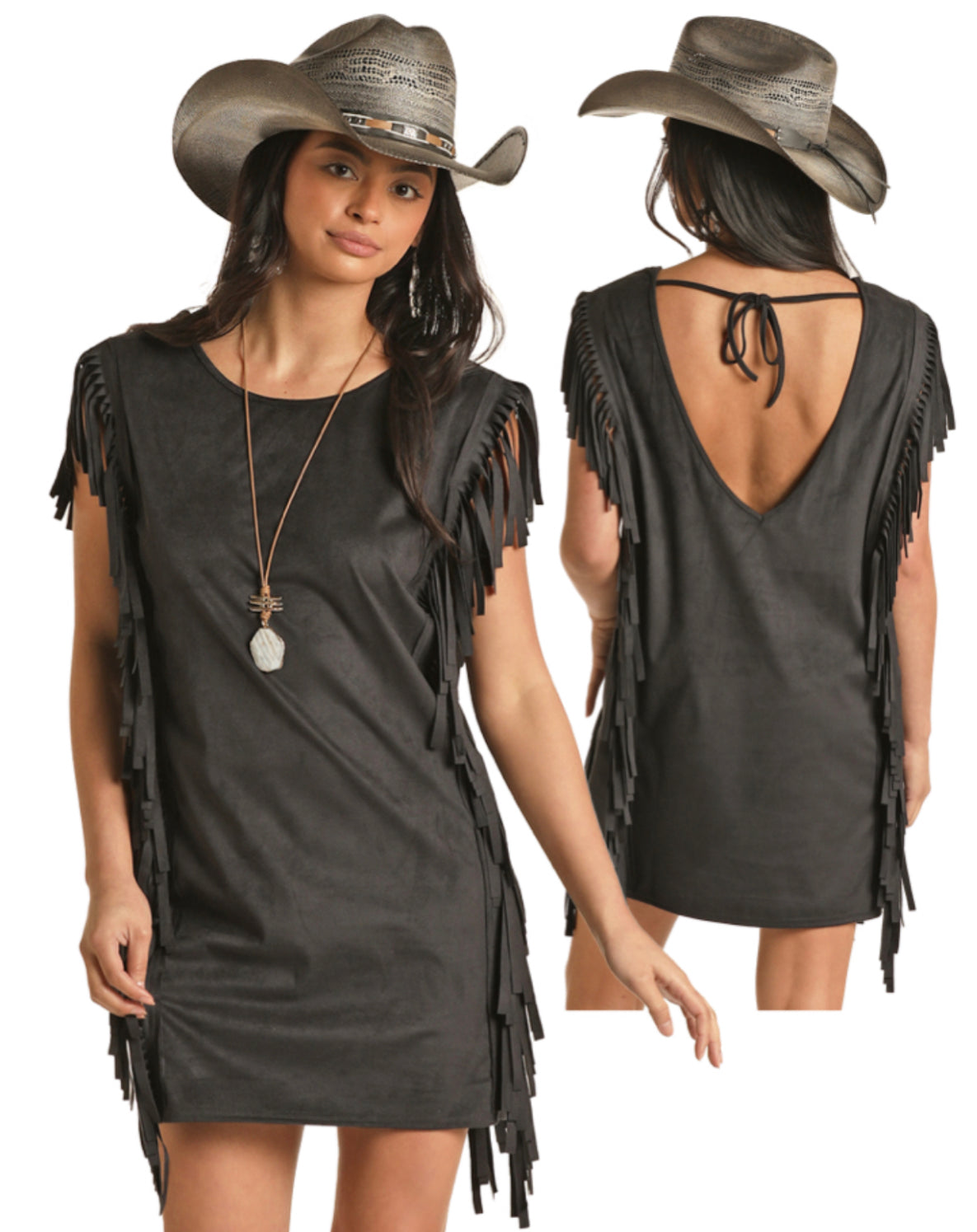 ROCK&ROLL DENIM FRINGE MICROSUEDE DRESS IN BLACK