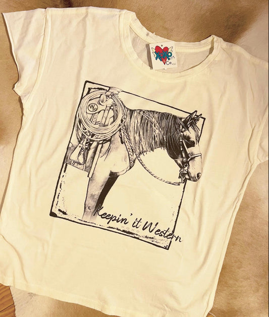XOXO ART CO KEEPIN IT WESTERN ON NATURAL TEE