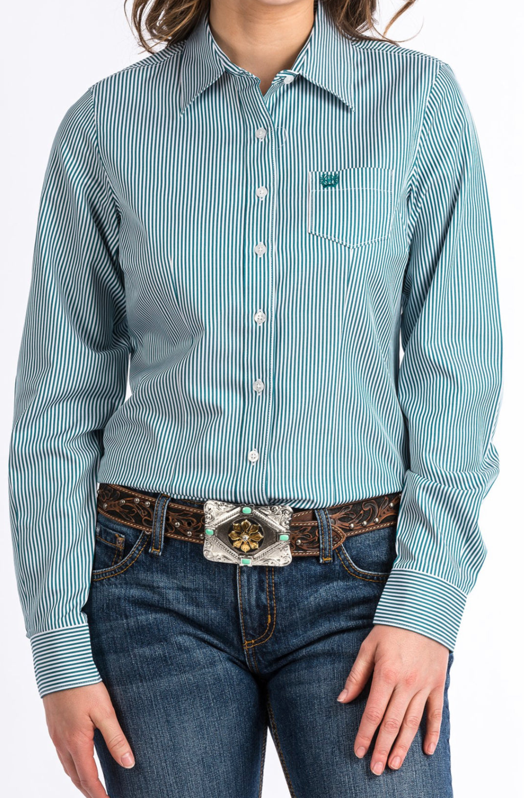CINCH TENCEL WOMENS TEAL STRIPE BUTTON UP