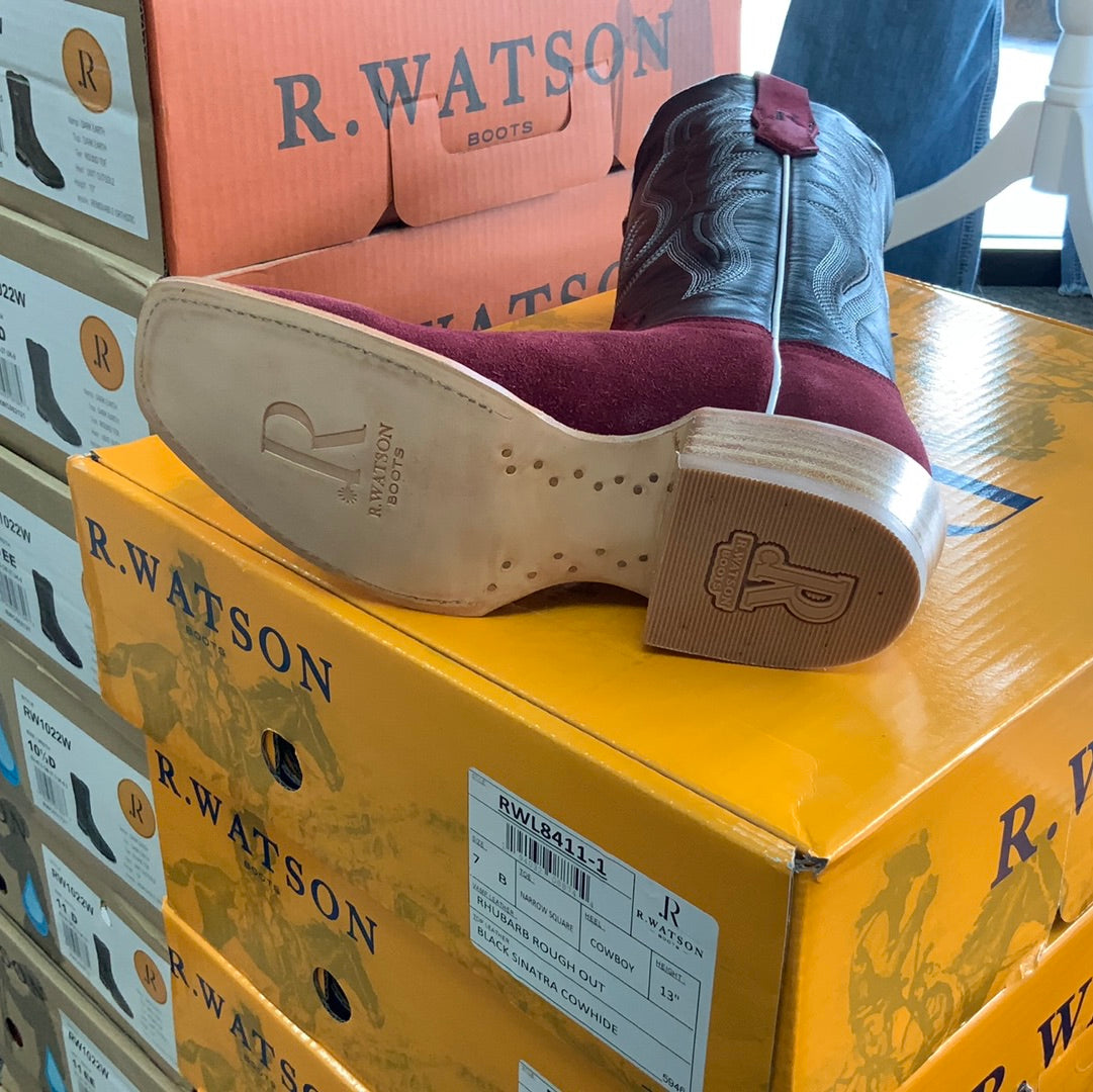 R WATSON RHUBARB ROUGHOUT/BLACK SINATRA COWHIDE LADIES BOOTS