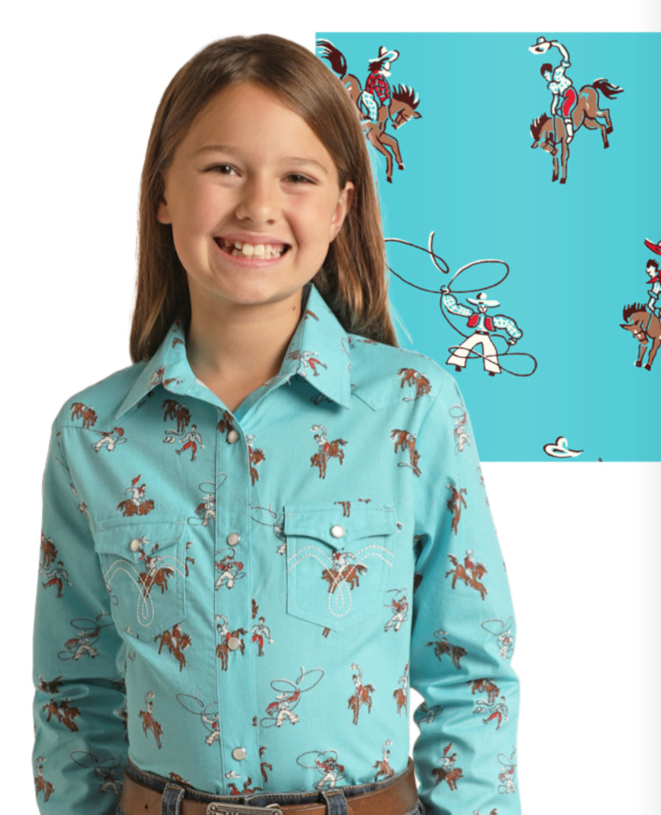 ROCK&ROLL DENIM GIRL WL LONG SLEEVE PRINT SNAP SHIRT IN AQUAMARINE