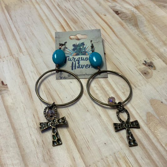 TURQUOISE HAVEN VINTAGE GOLD CIRCLE DROP EARRINGS WITH CROSS AND TURQUOISE