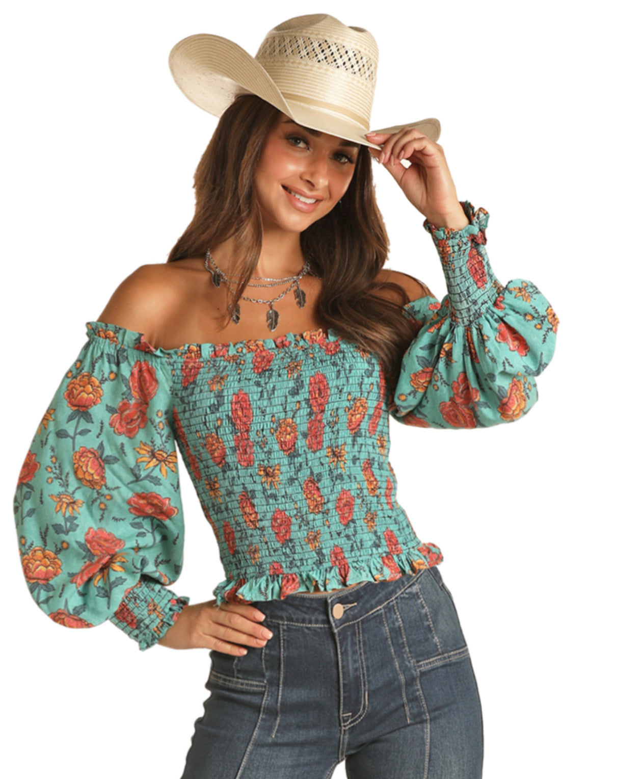 ROCK&ROLL DENIM OFF-SHOULDER FLORAL TOP IN TURQUOISE