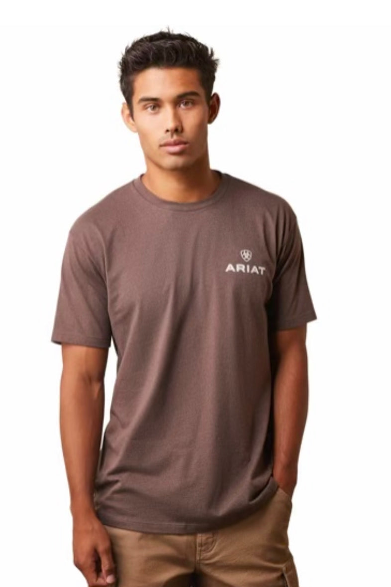 ARIAT MENS PATCH SHORT SLEEVE TSHIRT BROWN HEATHER
