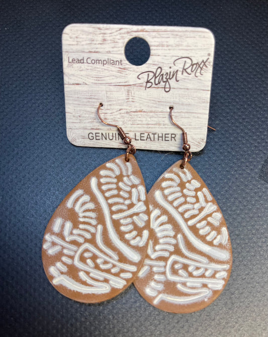 M&F WESTERN LEATHER TEARDROP STAMPED FLORAL WHITE EARRINGS