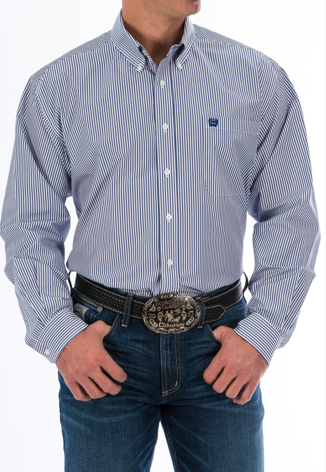 CINCH MENS BLUE STRIPE BUTTON UP
