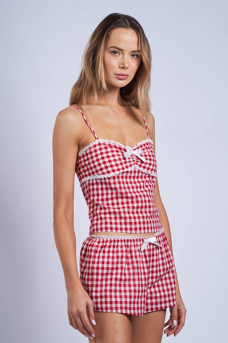 Sky to Moon - GINGHAM CHECKER LACE RIBBON POINT CAMI TOP: RED GINGHAM / S