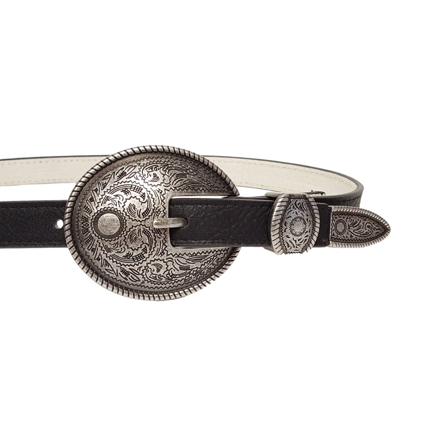 Axesoria West - Antique Silver Double Buckle Skinny Belt : Black / S
