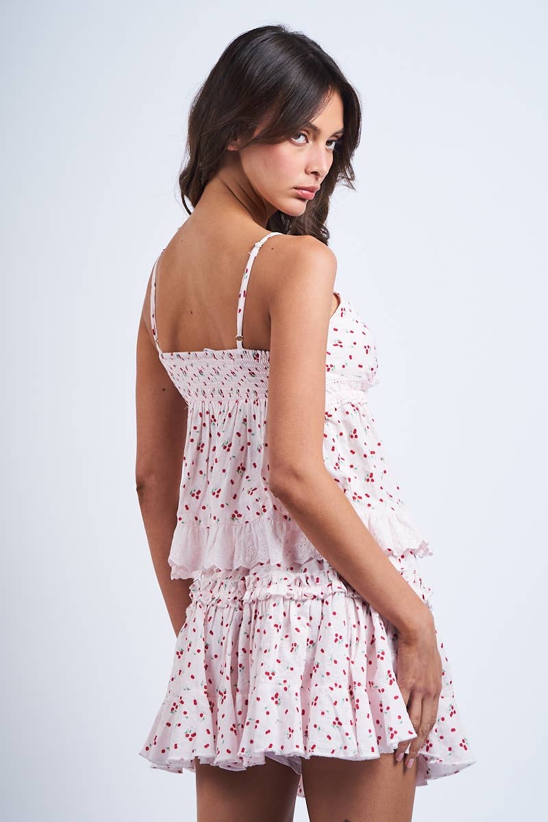 Sky to Moon - CHERRY PRINT EYELET LACE RUFFLE TRIM CAMI TOP: CHERRY PRINT / L