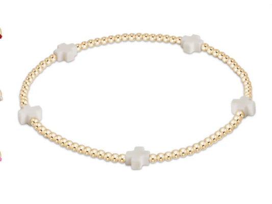 E NEWTON SIGNATURE CROSS SMALL GOLD PATTERN 2MM BEAD BRACELET-OFF-WHITE