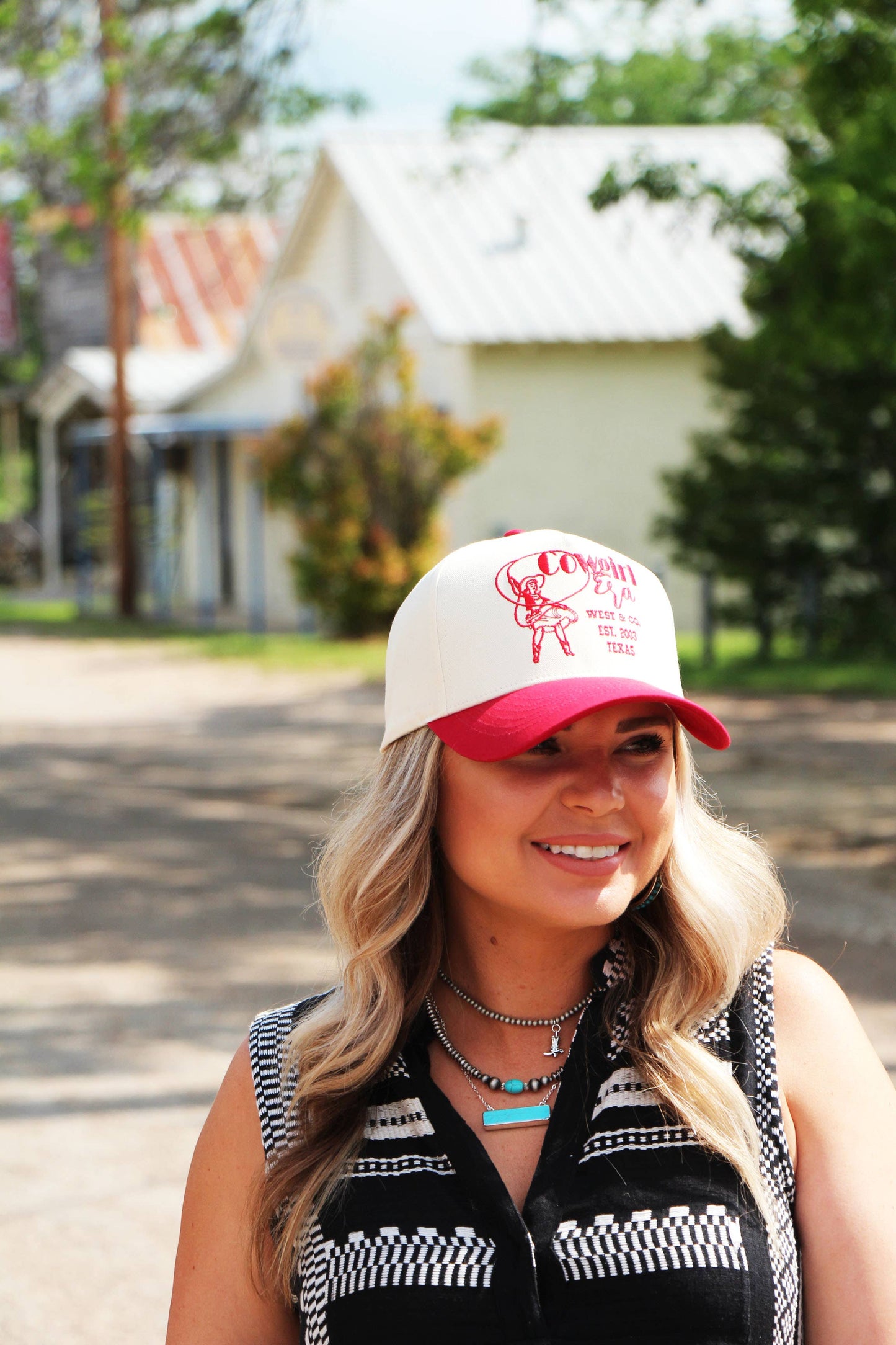 West & Co. - Red & Cream 5 Panel Baseball Cap w/Red West & Co. Cowgirl