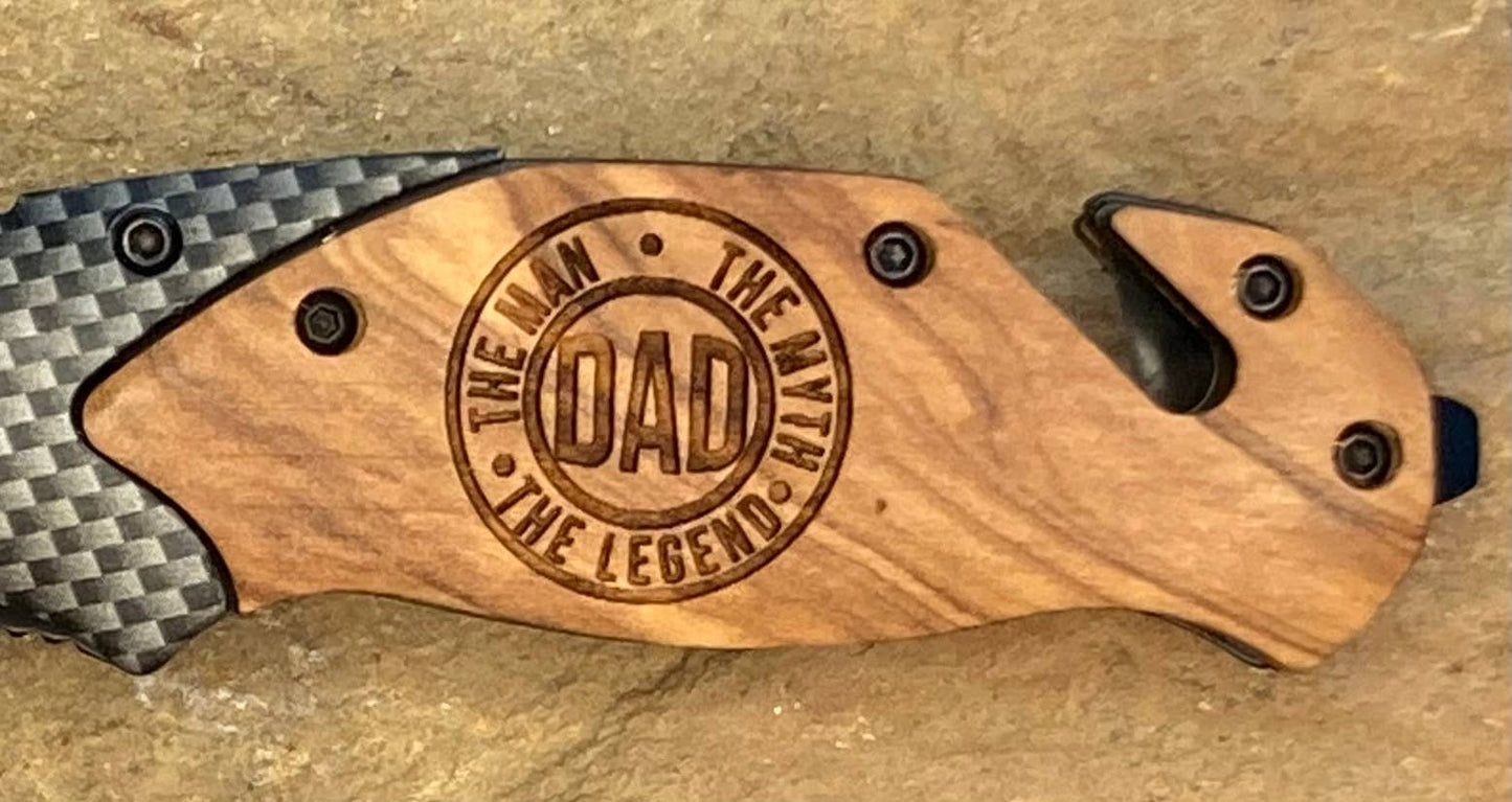 Quail Tail Laser Art - Dad - Man, Myth, Legend Knife