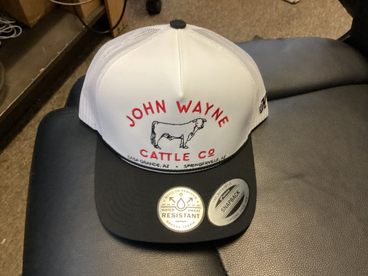 HOOEY JOHN WAYNE HAT, WHITE 5-PANEL TRUCKER WITH RED/BLACK EMBROIDERY-OSFA