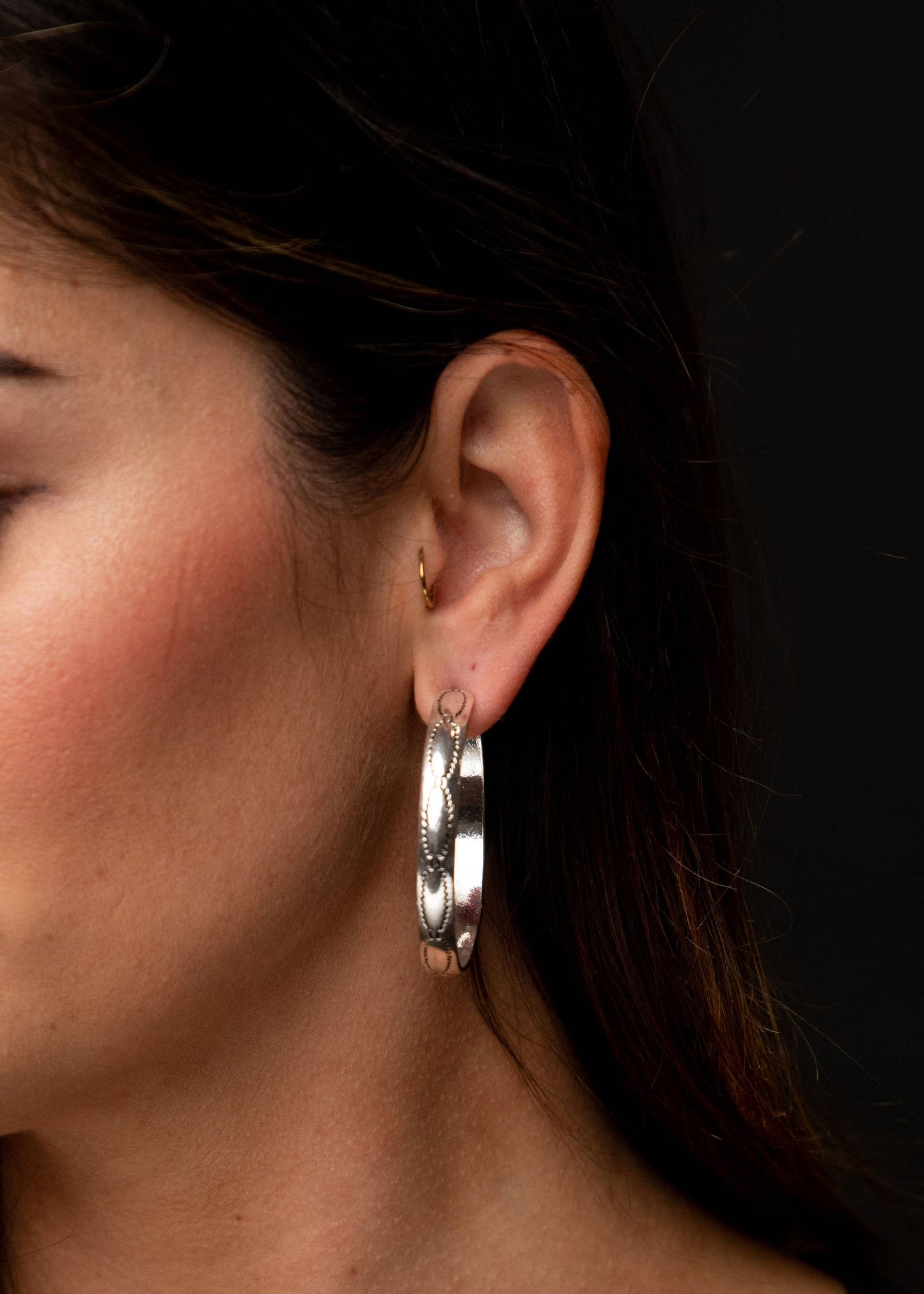 West & Co. - 2" Silver Aztec Stamped Hoop Earrings