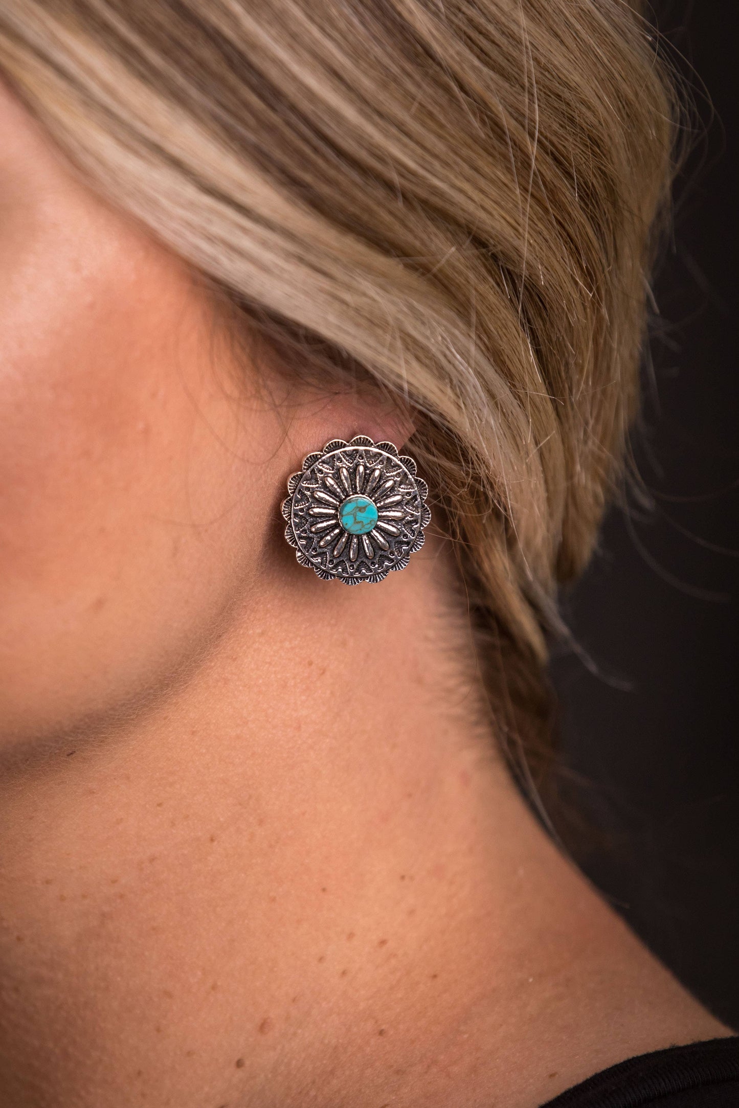 West & Co. - Burnished Silver Flower Concho Post Earring w/ Turquoise